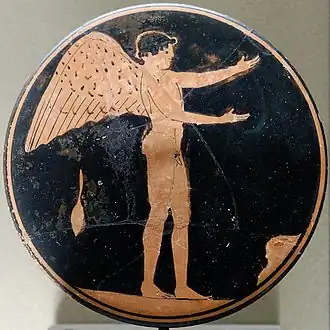 Bobina com Eros; 470–450&nbsp;a.C.; cerâmica de figuras vermelhas; altura: 2.6&nbsp;cm, diâmetro: 11.8&nbsp;cm; Louvre