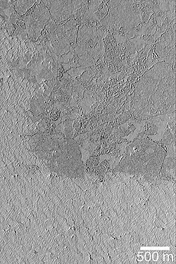 Fluxos de lava que já foram cobertos, e agora estão sendo expostos. Imagem fotografada pela Mars Global Surveyor.