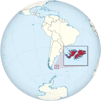Localização das Ilhas Malvinas no mundo.