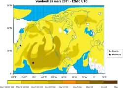 Concentração calculada de césio-137 no ar após o desastre nuclear de Fukushima, 25 de março de 2011