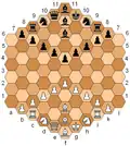 Xadrez Hexagonal é uma variante com tabuleiro hexagonal criado por Glinski.