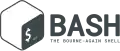 O logotipo do Bash é composto por uma figura cúbica branca, com uma de suas faces semelhante a tela de um terminal (um fundo cinza escuro sobreposto pelos caracteres "$_"), seguida por "BASH", em destaque, e, logo abaixo, "THE BOURNE-AGAIN SHELL".