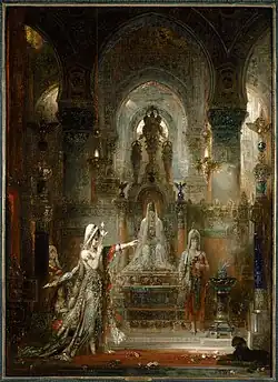 Pintura de Gustave Moreau representando Salomé, ricamente vestida, num templo onde Herodes está entronizado.