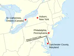 Mapa de locais em Maryland, Pensilvânia, Nova Iorque e Ontario