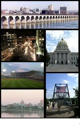 Do topo, da esquerda para a direita: Vista área de Harrisburg; Market Square no centro de Harrisburg; Capitólio Estadual da Pensilvânia; FNB Field; Walnut Street Bridge; Rio Susquehanna