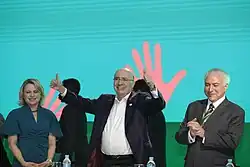 Henrique Meirelles, candidato governista, ao lado do Presidente Michel Temer na Convenção Nacional do Movimento Democrático Brasileiro, em 2 de agosto.