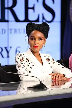 Janelle Monáe em coletiva de imprensa do filme Elementos Secretos