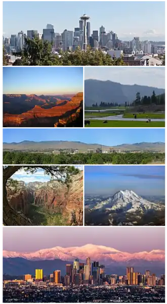 Da esquerda para a direita a partir do topo: Vista de Seattle, o Grand Canyon, Parque Nacional de Yellowstone, Vista de Boise, Angel's Landing, Monte Rainier, Vista de Los Angeles