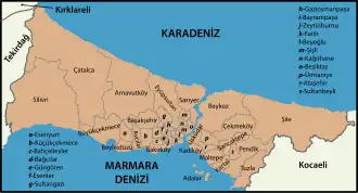 Mapa dos distritos da província de Istambul