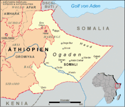 Mapa da Etiópia (em alemão) com a região da Somália, Ogadênia e Ogadênia – as províncias anteriores a 1995 em cinza, as regiões contemporâneas em vermelho.