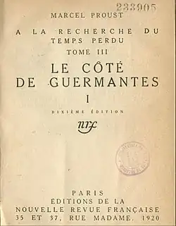 Capa da primeira edição de Le Côté de Guermantes I, de 1920.