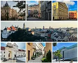 Parte superior: Grand Hotel Lublinianka, Praça do Mercado, Tribunal da Coroa Meio: Panorama do centro histórico a partir da colina do castelo Parte inferior: Centro Cultural, rua Szambelańska, Centro de Encontro de Culturas