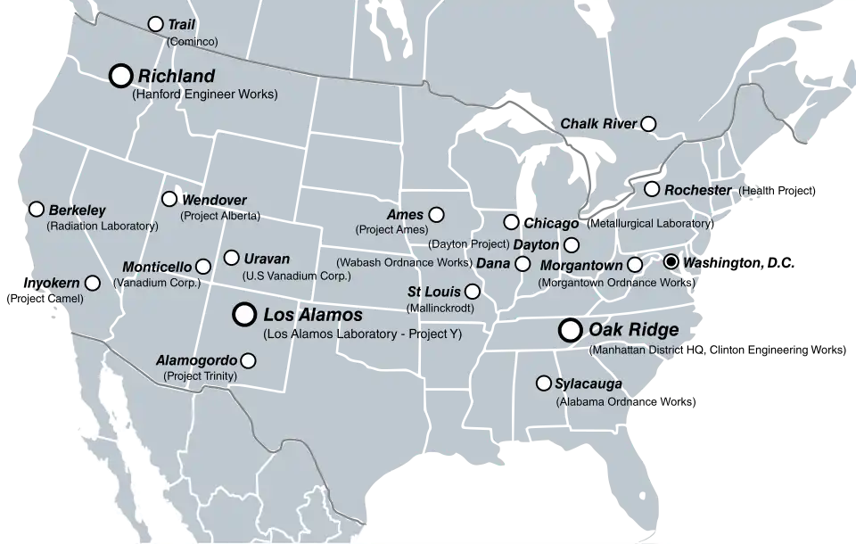 Map of the United States and southern Canada with major project sites marked