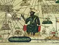 Mansa Mussa retratado numa carta plana,[7] popularmente conhecida como Atlas Catalão. O texto do mapa diz: "Este senhor negro é chamado Muça Mali, senhor dos negros da Guiné. Tão abundante é o ouro que foi achado no seu país que ele é o mais rico e nobre rei em toda a terra".