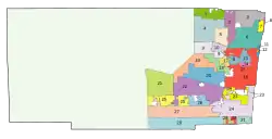 Áreas incorporadas destacadas no mapa do condado