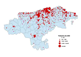 Mapa demográfico por núcleos ubanos em 2005