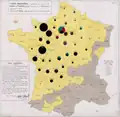 Mapa de Minard usando gráficos circulares para representar uma boiada enviada por toda a França para o consumo em Paris (1858).