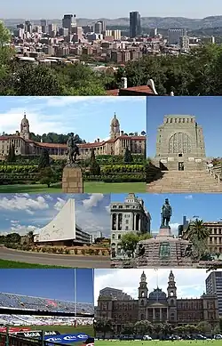 No sentido horário a partir do canto superior esquerdo: horizonte do centro financeiro de Pretória, Monumento Voortrekker, Church Square, Palácio da Justiça, Estádio Loftus Versfeld, edifício administrativo da Universidade de Pretória e vista frontal da Union Buildings.