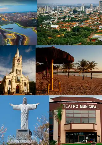 Do canto superior, à esquerda: Parque Linear Urbano; Vista aérea da região central; Igreja Matriz de Nossa Senhora Aparecida; Parque Ecológico Municipal; Parque do Cristo Redentor e Teatro Municipal.