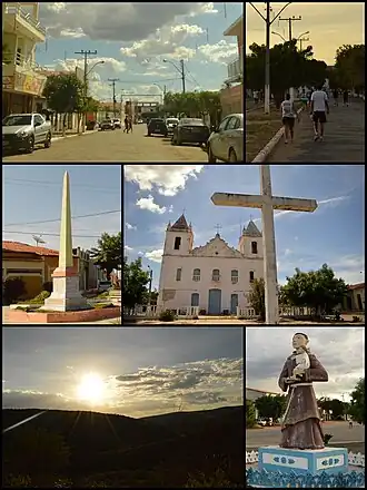 Acima, à esquerda, Av. Manoel Novais; à direita por do sol na Estrada de Acesso ao Cais; ao meio, à esquerda, obelisco na Praça Rui Barbosa; à direita a Igreja Matriz de Santo Antônio; abaixo, à esquerda serras no Boqueirão de Regino; ao lado escultura do Santo Antônio de Pádua.