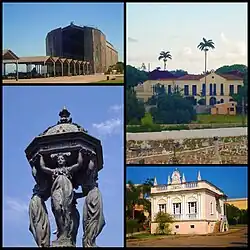 Do alto, da esquerda para a direita: Hangar do Zeppelin, Palacete Princesa Isabel, Solar dos Araújos e Fonte Wallace