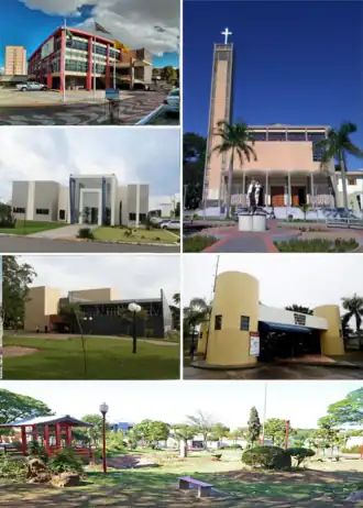 Do topo, em sentido horário: Prefeitura Municipal; Paróquia São Sebastião; Museu Histórico de Paranavaí; Praça Japão (Praça do Japonês); Teatro Municipal Dr. Altino Afonso Costa e Universidade Estadual do Paraná (UNESPAR)