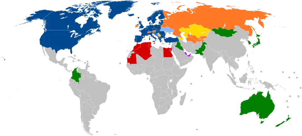 A world map with countries in blue, cyan, orange, yellow, purple, and green, based on their NATO affiliation