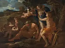 Cupido puxa seu arco enquanto o deus do rio Peneus desvia o olhar em Apolo e Dafne (1625) por Poussin.