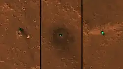 Três imagens registradas pela câmera HiRISE, da sonda Mars Reconnaissance Orbiter. Da esquerda para a direita: os paraquedas, a sonda, e o escudo de proteção da InSight.