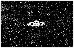 Xilogravura. No centro, o planeta Saturno com faixas brancas e cinza alternadas. Ao seu redor, os anéis em formato elíptico, duas elipses concêntricas com uma faixa negra entre elas. Quatro pontos brancos à direita, três pontos brancos abaixo à esquerda do planeta e um ponto branco, maior, no canto superior esquerdo