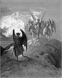 Ilustração de Gustave Doré para "Paraíso perdido" de Milton, V, 1006–1015: Satanás cedendo diante de Gabriel[130]