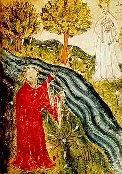 Miniatura medieval mostrando um homem sonhando, separado por um riacho de uma figura feminina em um cenário celestial