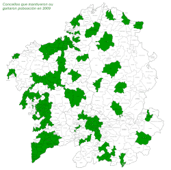 Concelhos que ganharam ou mantiveram a sua população em 2009.