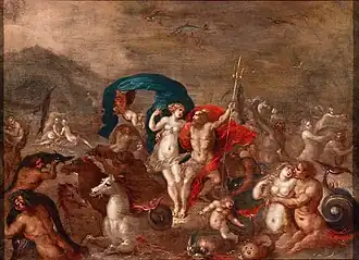 Cena mitológica no fundo do mar. No centro, empunhando o tridente, Netuno com um manto esvoaçante vermelho abraça Anfitrite, rodeados de numerosos personagens, animais e monstros marinhos.