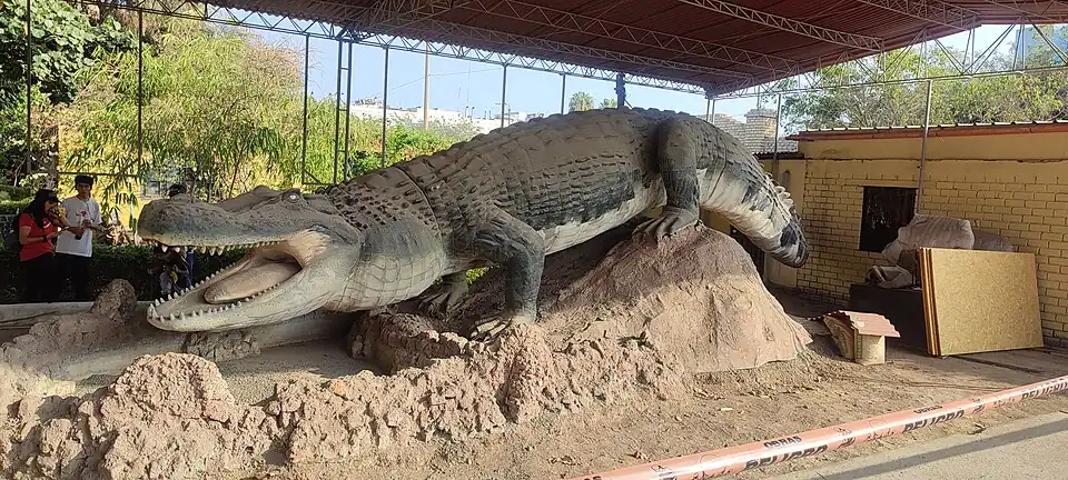 reconstituição em um museu de um purussauro, um jacaré de grandes proporções