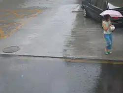 Uma mulher segurando um guarda-chuva é vista na calçada de uma rua durante uma chuva.