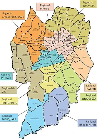 Mapa da Administração Regional de Curitiba desde 2015