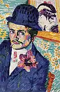 Robert Delaunay, 1906, L'homme à la tulipe (Retrato de M. Jean Metzinger), óleo sobre tela, 72,4 x 48,5 cm. Exibido em Paris no Salon d'Autome de 1906 (no. 420) junto com um retrato de Delaunay de Metzinger