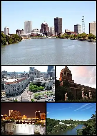 Do topo, da esquerda para a direita: panorama de Rochester, o Eastman Theatre, a Universidade de Rochester, o distrito de High Falls e o Rio Genesee