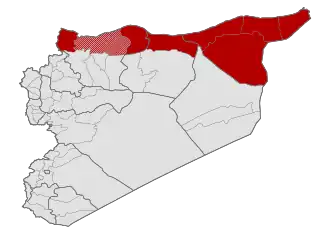 &nbsp;&nbsp;Território de facto reclamado pelo Rojava e controlado pelas Unidades de Proteção Popular &nbsp;&nbsp;Território reivindicado pelo Rojava sob controle parcial das Unidades de Proteção Popular