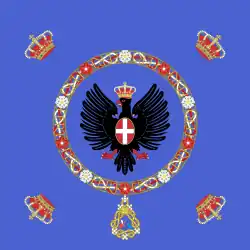 Estandarte real e imperial da Itália, de 1880 a 1946. A cor azul foi a inspiração para o uniforme da seleção italiana de futebol em 1922.