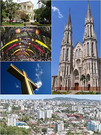 À direita, a Catedral São João Batista. À esquerda, a prefeitura municipal, cidadãos desfilando em trajes germânicos na Oktoberfest, e a cruz do morro. Abaixo, panorama do centro da cidade.