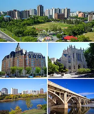 De cima, da esquerda para a direita: Centro de Saskatoon; Delta Bessborough; Edifício Thorvaldson; Rio Saskatchewan; Ponte Broadway.