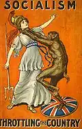 Cartaz do Partido Conservador do Reino Unido mostrando o socialismo como a Besta estrangulando a Britânia (1909).