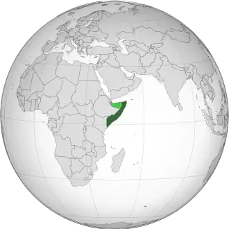 Área controlada pela Somália mostrada em verde escuro; a Somalilândia (em verde claro) é reivindicada, mas não controlada (Estado autodeclarado, mas não reconhecido).
