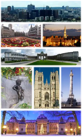 De cima para baixo e da esquerda para a direita: 1)&nbsp;Área de negócios do Bairro Norte; 2)&nbsp;Carpete floral na Grand Place; 3)&nbsp;Prefeitura e área de Mont des Arts; 4)&nbsp;Parque Cinquantenaire;5)&nbsp;Manneken Pi; 6)&nbsp;Catedral de São Miguel e Santa Gudula; 7)&nbsp;Coluna do Congresso; 8)&nbsp;Palácio Real
