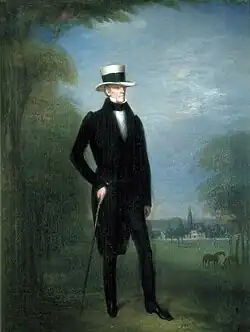 Painting of a man with a tall white hat, cane, black pants and coat, and a white shirt. He is standing on grass beside a tree.