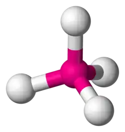 Skeletal model of a terahedral molecule with a central atom (oganesson) symmetrically bonded to four peripheral (fluorine) atoms.