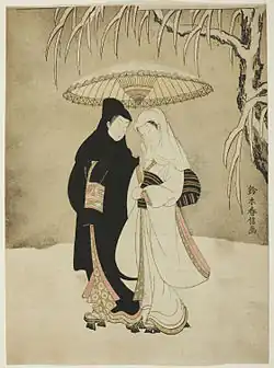 Dois amantes na neve debaixo do guarda-chuva Mitate de Harunobu, c. 1767