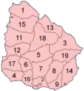 Mapa dos departamentos do Uruguai em ordem alfabética.